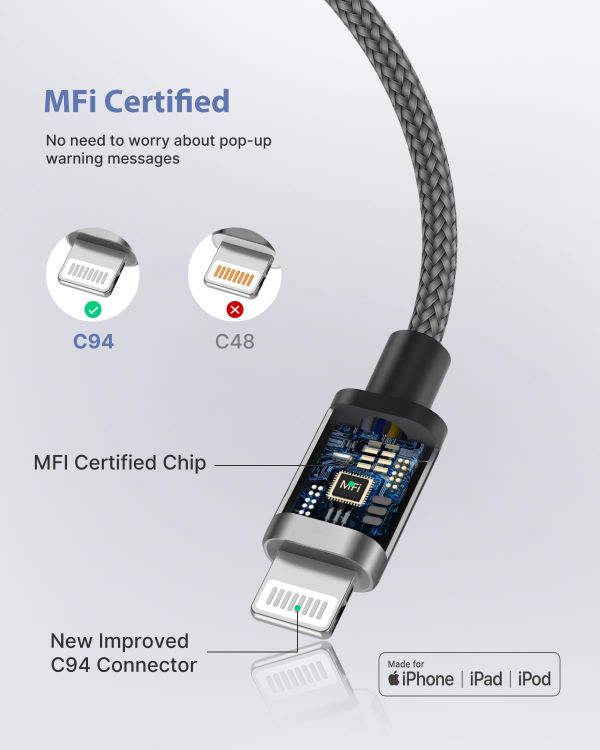 Picture of USB C to Lightning Cable 1M [Apple MFi Certified] iPhone Fast Charger Cable USB-C to Lightning Charging Cord for iPhone 13/11/12 PRO Max/12 Mini/11/11PRO/X/Max/XR/XS/8/8Plus/iPad, Grey