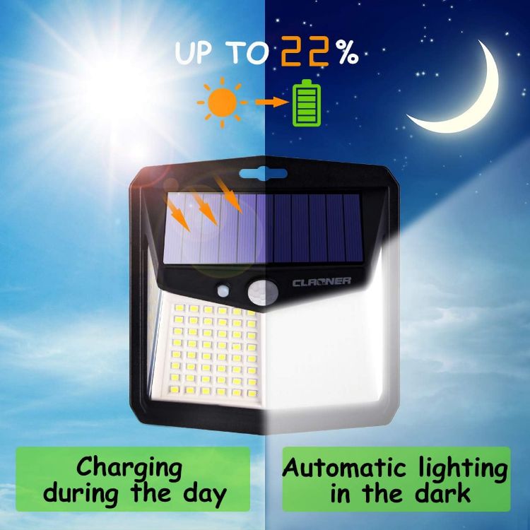 Picture of Solar Lights for Outdoor, Claoner 128 LED Motion Sensor Security Lights with 3 Lighting Modes IP65 Waterproof and Durable for Wall, 270° Angle for Yard Door Fence Pathway(4 Pack) [Energy Class A]