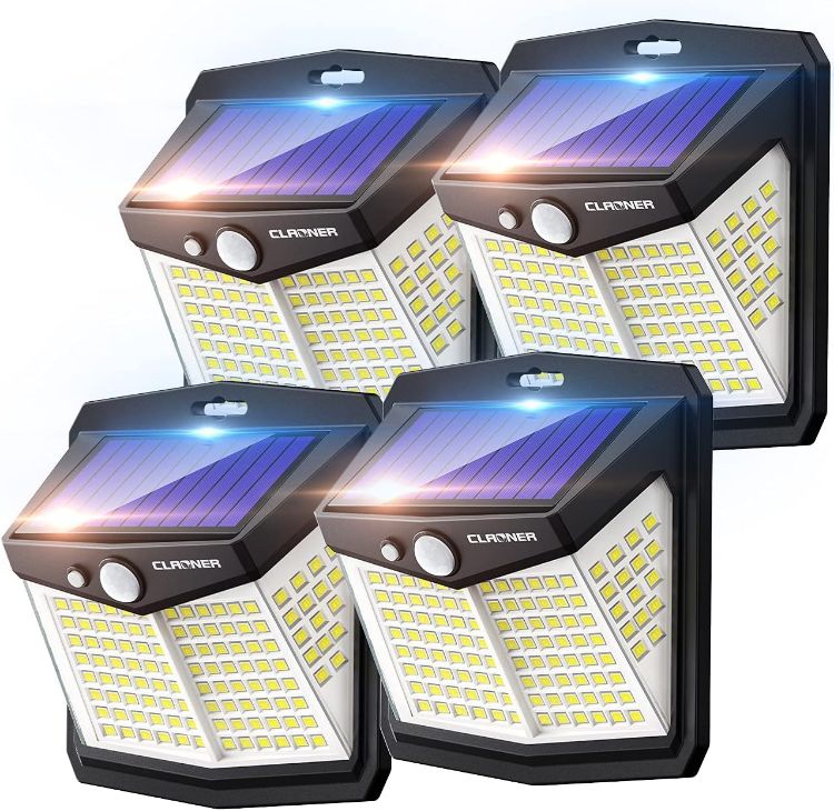 Picture of Solar Lights for Outdoor, Claoner 128 LED Motion Sensor Security Lights with 3 Lighting Modes IP65 Waterproof and Durable for Wall, 270° Angle for Yard Door Fence Pathway(4 Pack) [Energy Class A]