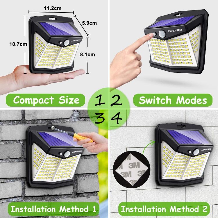 Picture of Solar Lights for Outdoor, Claoner 128 LED Motion Sensor Security Lights with 3 Lighting Modes IP65 Waterproof and Durable for Wall, 270° Angle for Yard Door Fence Pathway(4 Pack) [Energy Class A]