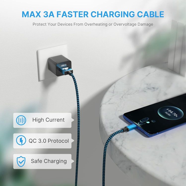 Picture of USB C Charger Cable 3A Fast Charging 1M 3Pack, Braided Type C Cable for Samsung Galaxy S22 S21 S20 S10 S9 A21s A12 A13 A22 A32 A33 A41 A40 A51 A52 A53 A70 A03, Huawei P40 P30 P20, Sony, Xiaomi, Oppo