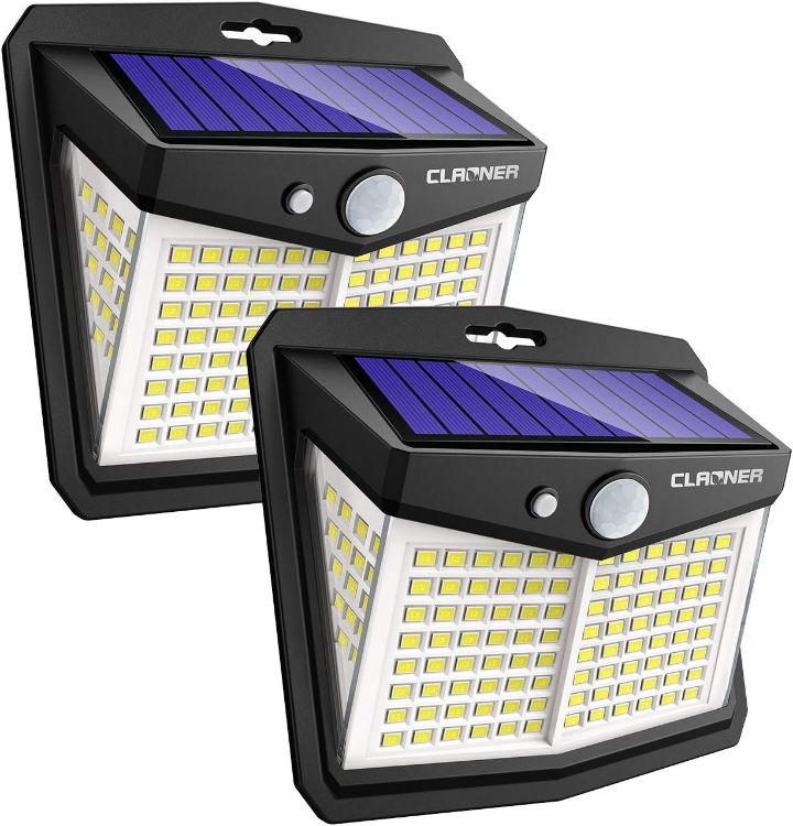 Picture of CLAONER Solar Powered Lights Outdoor, Upgraded Wireless 270° IP65 Solar Motion Sensor Security/Wall Light for Front Door, Yard, Garage, Garden, Fence, Cool White (2 Pack) [Energy Class A]