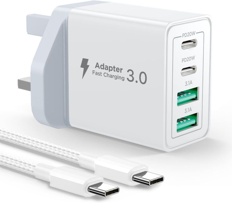Picture of USB C Plug Fast Charge, 40W 4-Port Multi USB Charger Plug UK Dual Port PD Power Adapter +QC Wall plug Multiport Mains Type C Charging Plug for iPhone 17 16 15 14 13 12 11 Pro Max XS XR 8, Samsung, Pad