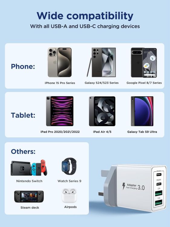 Picture of USB C Plug Fast Charge, 40W 4-Port Multi USB Charger Plug UK Dual Port PD Power Adapter +QC Wall plug Multiport Mains Type C Charging Plug for iPhone 17 16 15 14 13 12 11 Pro Max XS XR 8, Samsung, Pad