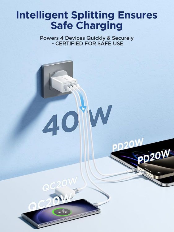 Picture of USB C Plug Fast Charge, 40W 4-Port Multi USB Charger Plug UK Dual Port PD Power Adapter +QC Wall plug Multiport Mains Type C Charging Plug for iPhone 17 16 15 14 13 12 11 Pro Max XS XR 8, Samsung, Pad