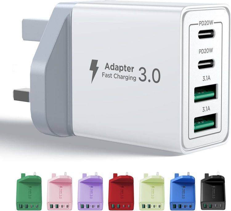 Picture of USB C Plug Fast Charge, 40W 4-Port Multi USB Charger Plug UK Dual Port PD Power Adapter +QC Wall plug Multiport Mains Type C Charging Plug for iPhone 17 16 15 14 13 12 11 Pro Max XS XR 8, Samsung, Pad
