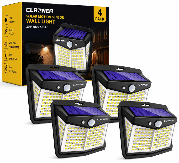 Picture of CLAONER Solar Powered Lights Outdoor, Upgraded Wireless 270° IP65 Solar Motion Sensor Security/Wall Light for Front Door, Yard, Garage, Garden, Fence, Cool White (2 Pack) [Energy Class A]