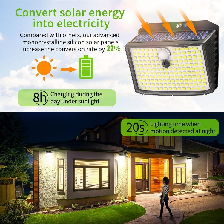 Picture of CLAONER Solar Security Lights Outdoor, Motion Sensor Light 3 Lighting Modes Solar Powered LED Lights IP65 Solar Wall Lights for Yard Garage Garden Fence Door (4 Pack) [Energy Class A]