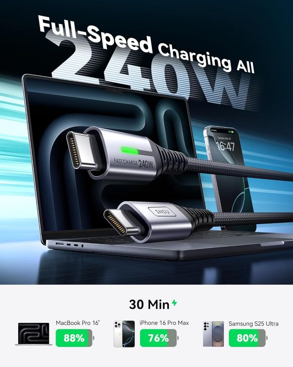 Picture of INIU 240W USB C to USB C Charger Cable, [2-Pack 2m] PD Type C Charge Cable, Super Fast Charging USB C Cable for iPhone 17 16 15 Pro Max Plus, MacBook iPad Air, Samsung S25 S24 Ultra, Steam Deck etc.