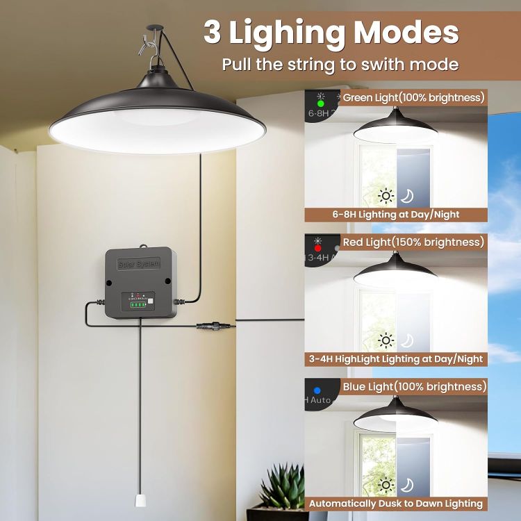 Picture of CLAONER Solar Shed Light Indoor Outdoor, 2000LM Daytime Available Pendant Light with Pull Cord, Power Display & Mode Indicator, 3 Lighting Modes Solar Lights IP65 Waterproof for Garage Gazebo Porch [Energy Class A+++]