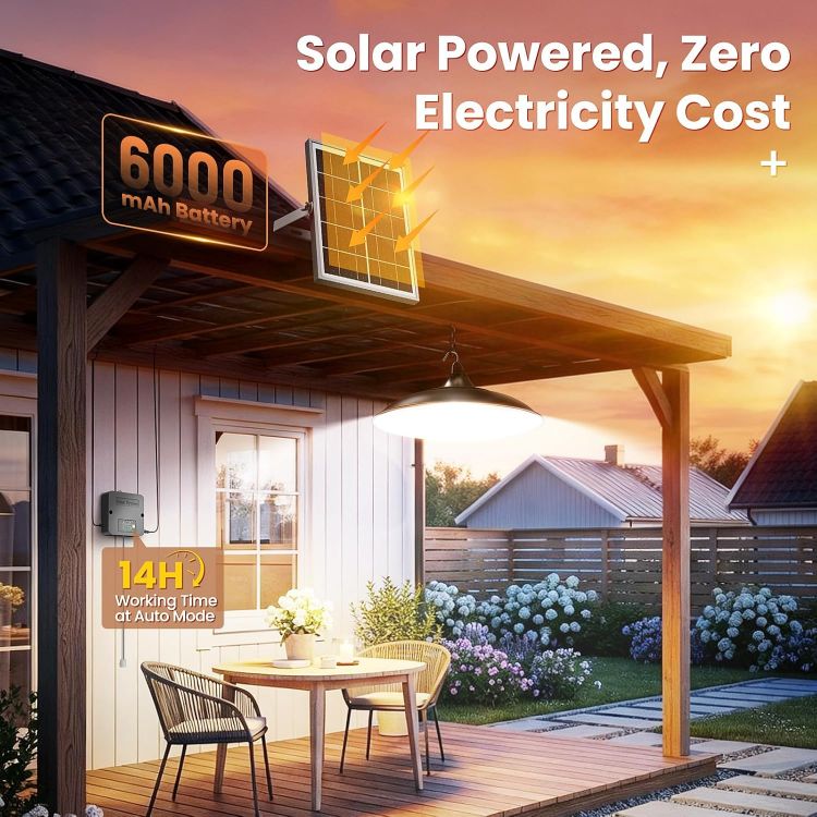 Picture of CLAONER Solar Shed Light Indoor Outdoor, 2000LM Daytime Available Pendant Light with Pull Cord, Power Display & Mode Indicator, 3 Lighting Modes Solar Lights IP65 Waterproof for Garage Gazebo Porch [Energy Class A+++]