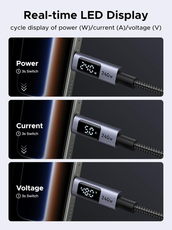 Picture of UGREEN 240W USB C to USB-C Cable with Built-in Digital Screen PD 3.1 Type C to C Fast Charging Cable Compatible with MacBook Pro M4/Air, iPad Pro 2025, HP EliteBook, iPhone Air/17/16, Galaxy S25, 3M