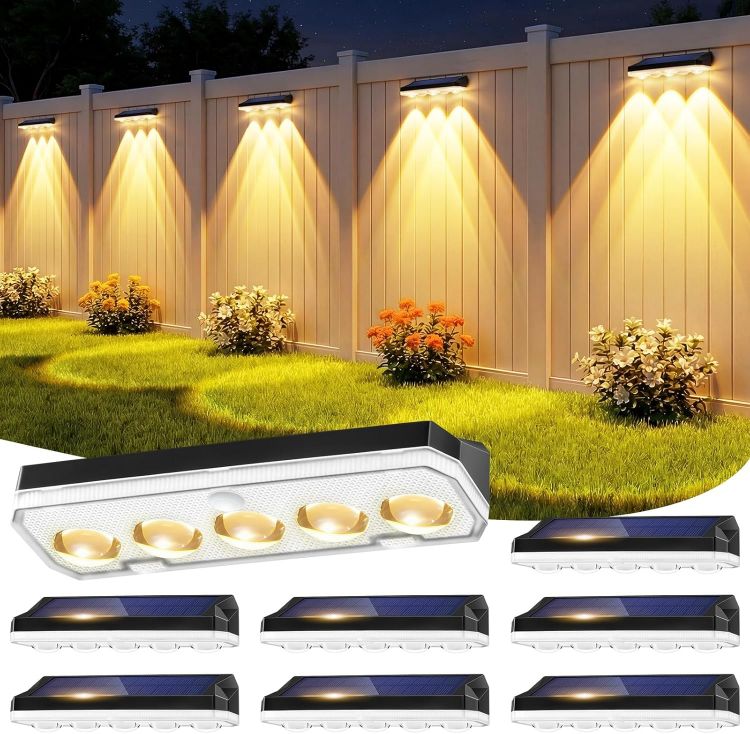 Picture of Solar Fence Lights Outdoor, 4 Pack Solar Lights Outdoor Garden Warm White/Cool White& RGB 8 Colors, 5 Lens 40 Lighting Modes, IP65 Waterproof, Outside Wall Light for Garage, Yard, Pathway [Energy Class A]