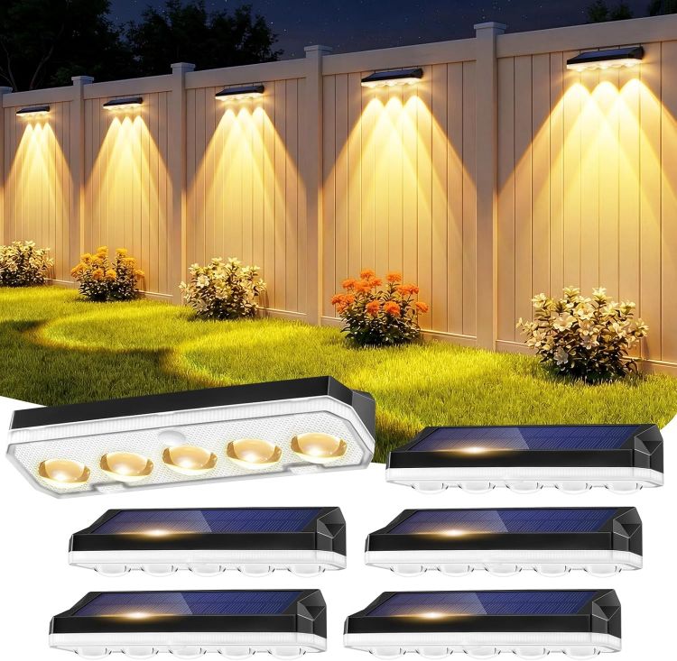 Picture of Solar Fence Lights Outdoor, 4 Pack Solar Lights Outdoor Garden Warm White/Cool White& RGB 8 Colors, 5 Lens 40 Lighting Modes, IP65 Waterproof, Outside Wall Light for Garage, Yard, Pathway [Energy Class A]