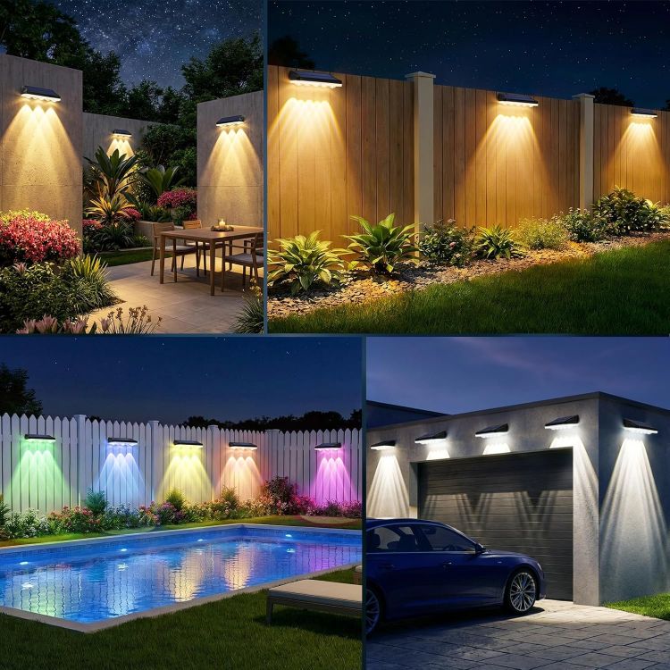 Picture of Solar Fence Lights Outdoor, 4 Pack Solar Lights Outdoor Garden Warm White/Cool White& RGB 8 Colors, 5 Lens 40 Lighting Modes, IP65 Waterproof, Outside Wall Light for Garage, Yard, Pathway [Energy Class A]
