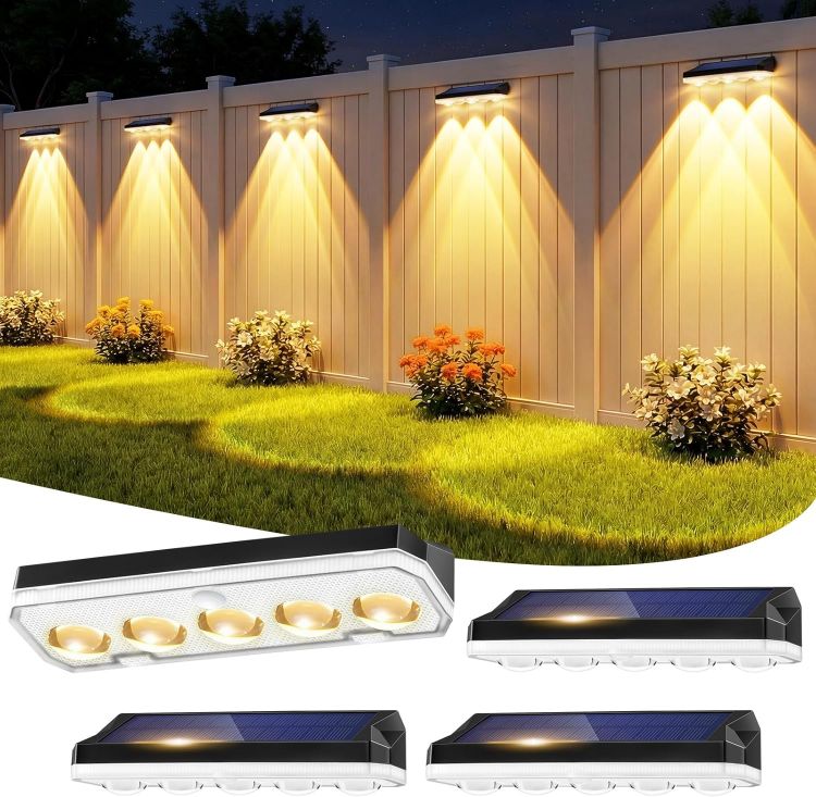 Picture of Solar Fence Lights Outdoor, 4 Pack Solar Lights Outdoor Garden Warm White/Cool White& RGB 8 Colors, 5 Lens 40 Lighting Modes, IP65 Waterproof, Outside Wall Light for Garage, Yard, Pathway [Energy Class A]