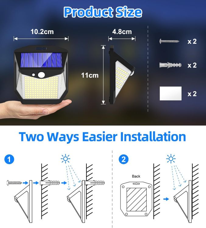 Picture of Solar Security Lights Outdoor Garden - 248 LED Solar Powered Outside Light 3 Modes Motion Sensor and 270°Wide Angle IP65 Waterproof Solar Power Wall Lighting For Fence Flood Door Garage Yard 2Pack [Energy Class A+++]