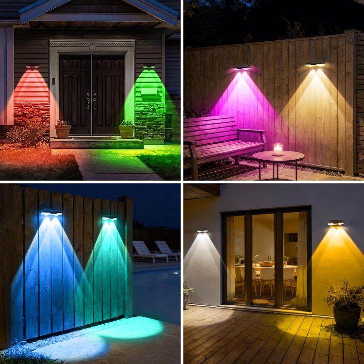 Picture of Solar-Fence-Lights-Outdoor-Garden - 4 Pack Garden Wall Lights Outdoor 8 Colors 9 Modes RGB Fence Light For Ouside IP65 Waterproof - Light Solar Powered Patio Deck Pool Step Fence Gate Yard Decoration [Energy Class G]