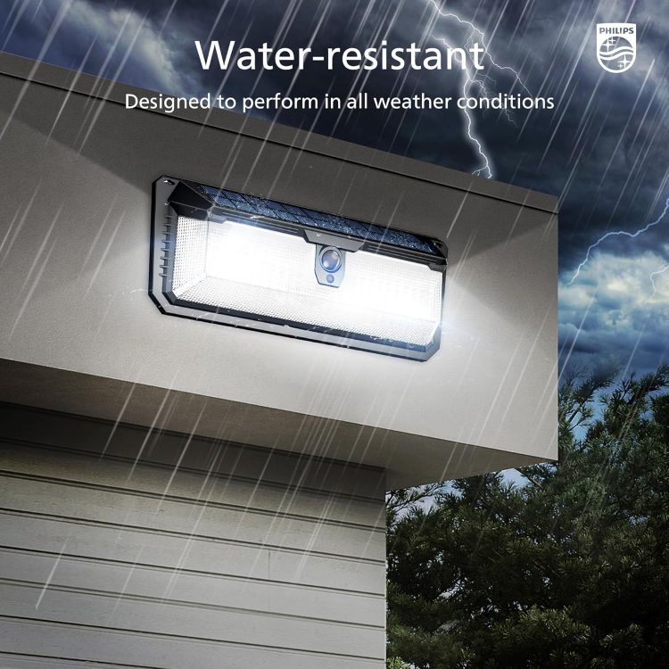 Picture of Philips Solar Lights Motion Sensor Outdoor, 120 LEDs Solar Powered Security Lights,3 Lighting Modes, Waterproof Wall Lights for Outside Yard Fence Garden Garage (1) [Energy Class A]