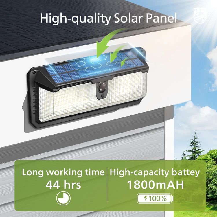 Picture of Philips Solar Lights Motion Sensor Outdoor, 120 LEDs Solar Powered Security Lights,3 Lighting Modes, Waterproof Wall Lights for Outside Yard Fence Garden Garage (1) [Energy Class A]