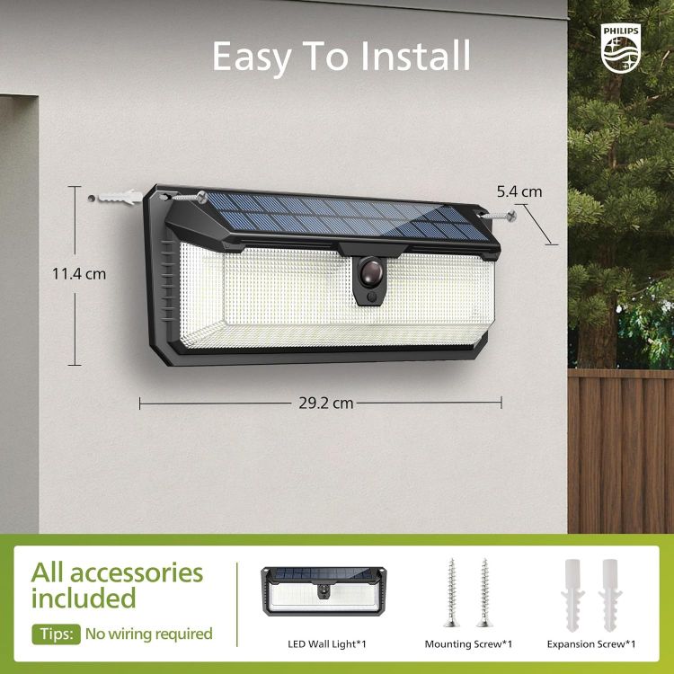 Picture of Philips Solar Lights Motion Sensor Outdoor, 120 LEDs Solar Powered Security Lights,3 Lighting Modes, Waterproof Wall Lights for Outside Yard Fence Garden Garage (1) [Energy Class A]