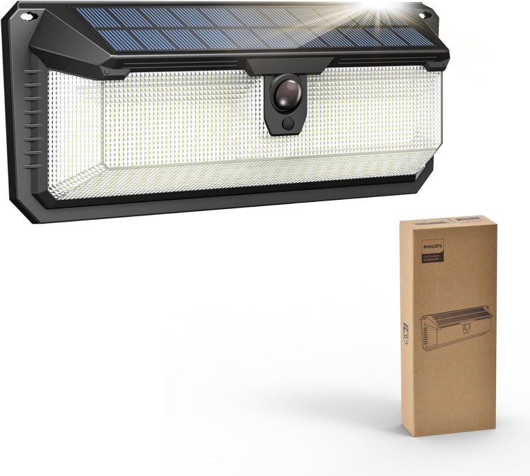 Picture of Philips Solar Lights Motion Sensor Outdoor, 120 LEDs Solar Powered Security Lights,3 Lighting Modes, Waterproof Wall Lights for Outside Yard Fence Garden Garage (1) [Energy Class A]