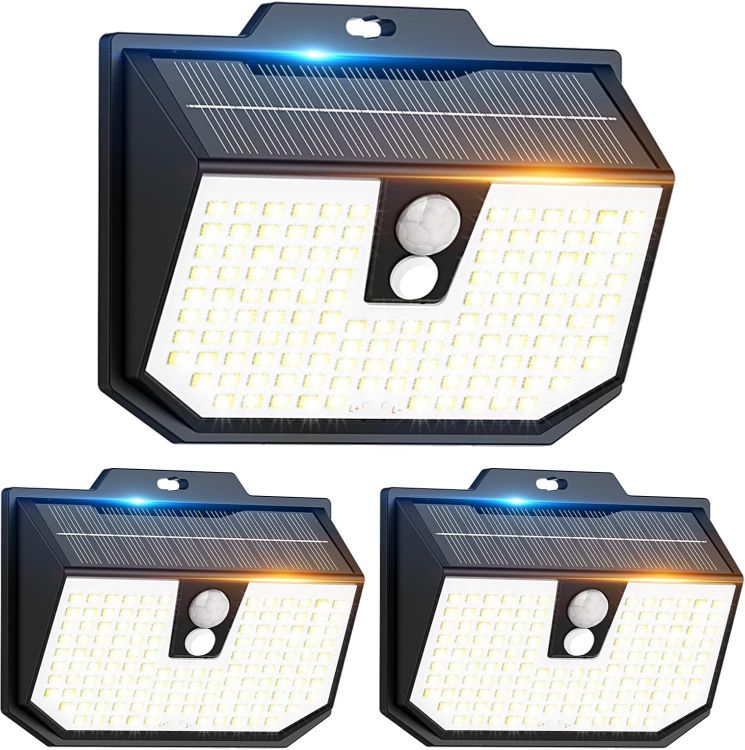 Picture of Solar Motion Sensor Lights Outdoor Garden, Solar Security Fence Wall Lights 3 Modes, 132 LED Solar Powered Outside Lights IP65 Waterproof for Garden Front Door Yard Garage 3 Pack Cool White 6000K [Energy Class E]