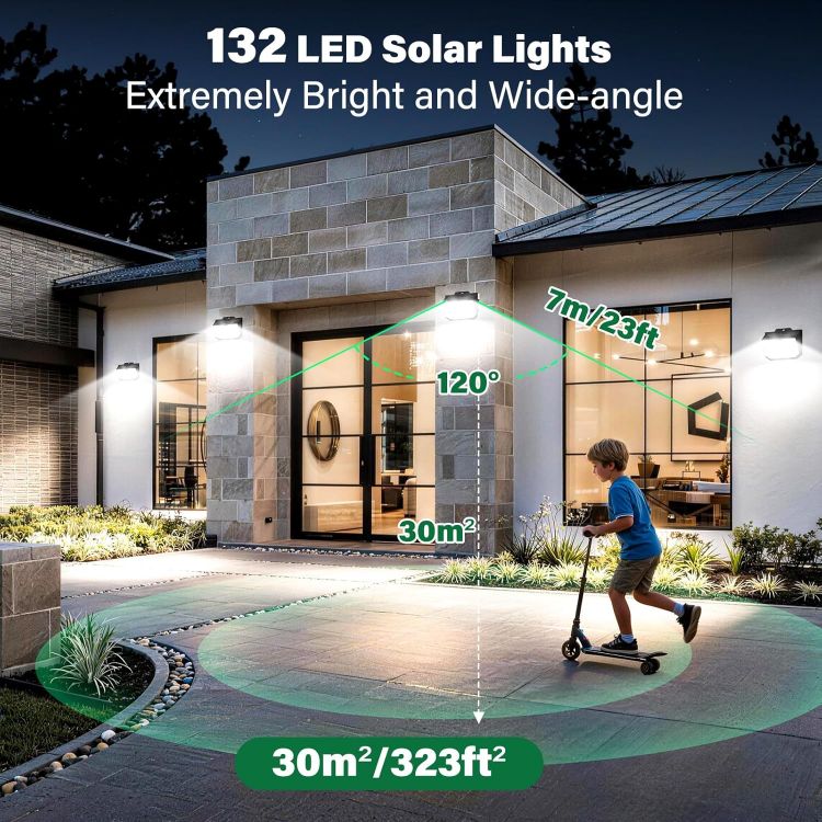 Picture of Solar Motion Sensor Lights Outdoor Garden, Solar Security Fence Wall Lights 3 Modes, 132 LED Solar Powered Outside Lights IP65 Waterproof for Garden Front Door Yard Garage 3 Pack Cool White 6000K [Energy Class E]