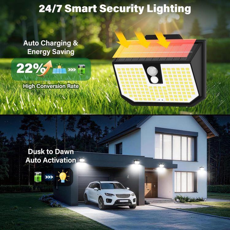Picture of Solar Motion Sensor Lights Outdoor Garden, Solar Security Fence Wall Lights 3 Modes, 132 LED Solar Powered Outside Lights IP65 Waterproof for Garden Front Door Yard Garage 3 Pack Cool White 6000K [Energy Class E]