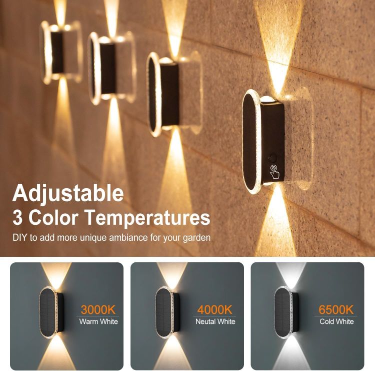 Picture of HAMLITE Solar Light for Garden Fence: IP65 Waterproof Adjustable 3000K-6500K - 2 Packs ABS Wall Mounted Light with 1500mA Battery for Deck Garden Door Porch Fence Patio