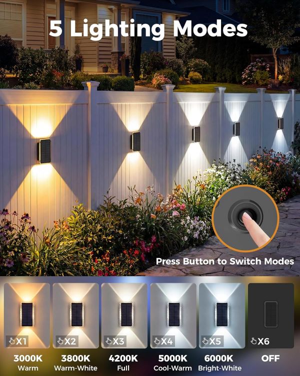 Picture of vighep Solar Fence Lights Outdoor Garden, 2 Pack Up and Down Solar Wall Lights, 5 Colour Temperatures 3000K-6000K, IP65 Waterproof Dusk to Dawn Garden Decor for Front Door Gate Porch