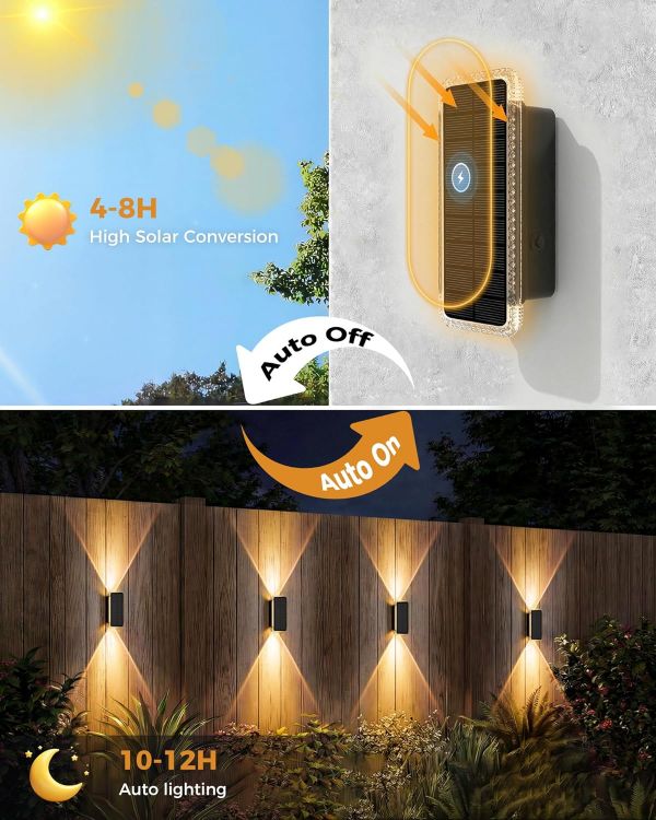 Picture of vighep Solar Fence Lights Outdoor Garden, 2 Pack Up and Down Solar Wall Lights, 5 Colour Temperatures 3000K-6000K, IP65 Waterproof Dusk to Dawn Garden Decor for Front Door Gate Porch
