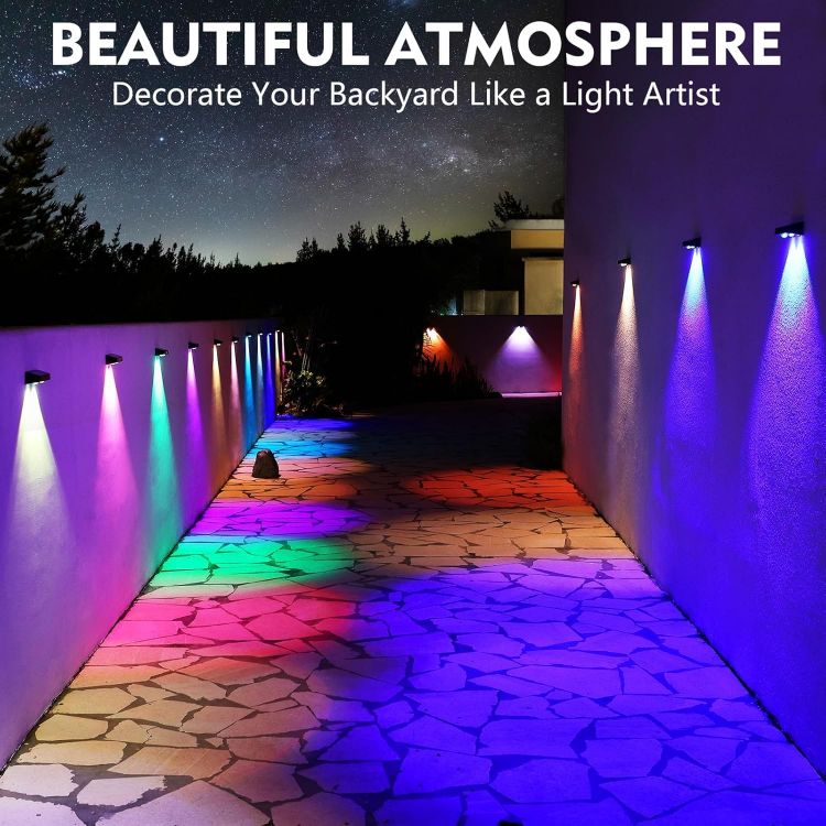 Picture of sununiny Solar Fence Lights Outdoor,4 Pack Wall Lights Solar Powered IP65 Waterproof,9 Colors 11 Modes RGB Garden Fence Lights for outsides Patio/Backyard/Porch/Pool Decoration [Energy Class A+++]