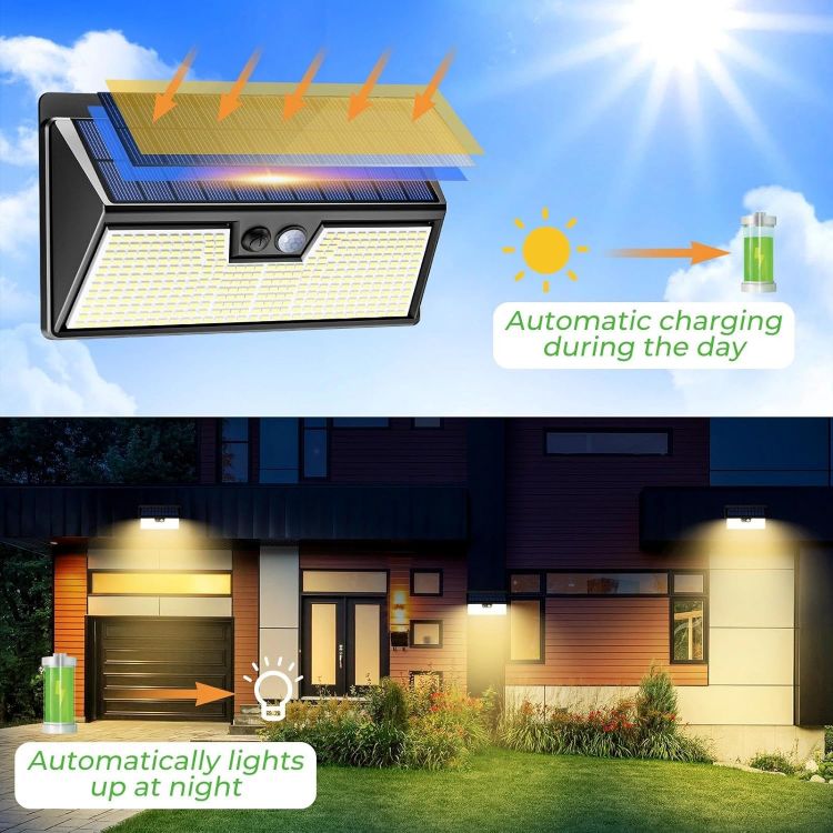 Picture of nipify Solar Lights Outdoor Garden Motion Sensor, 3 Modes 318LED Solar Powered Security Fence Light Waterproof, Bright Pir Wall Light for Yard Garage Outside Door Porch Warm White