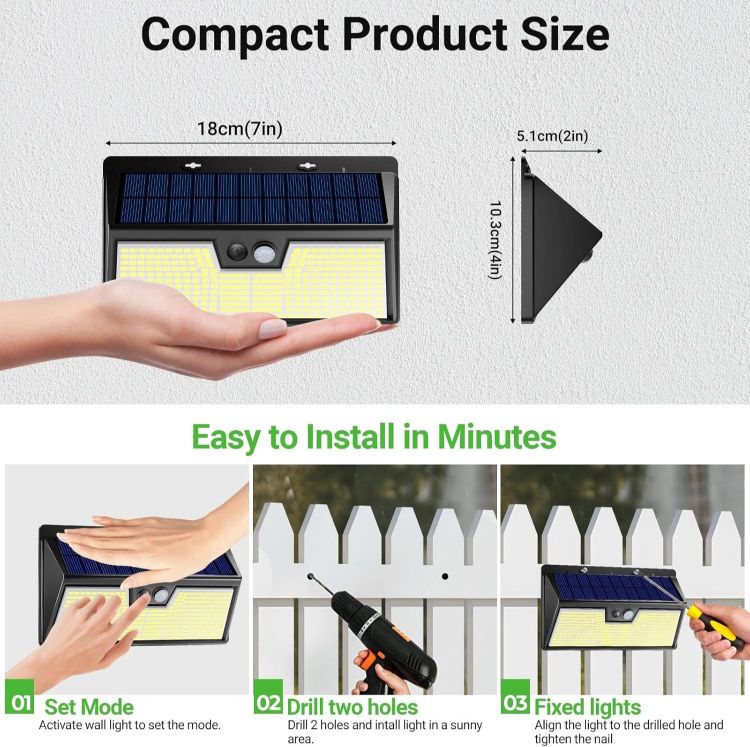 Picture of nipify Solar Lights Outdoor Garden Motion Sensor, 3 Modes 318LED Solar Powered Security Fence Light Waterproof, Bright Pir Wall Light for Yard Garage Outside Door Porch Warm White