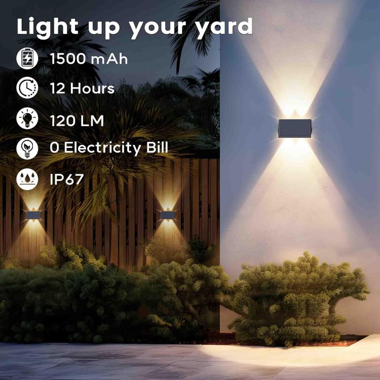 Picture of Solar Fence Lights Outdoor, Up & Down Wall Lights, Warm White, Waterproof, Auto On/Off Dusk to Dawn, for Garden, Patio, Pathway, Driveway, Yard, Pool Area - 2 Pack [Energy Class A]