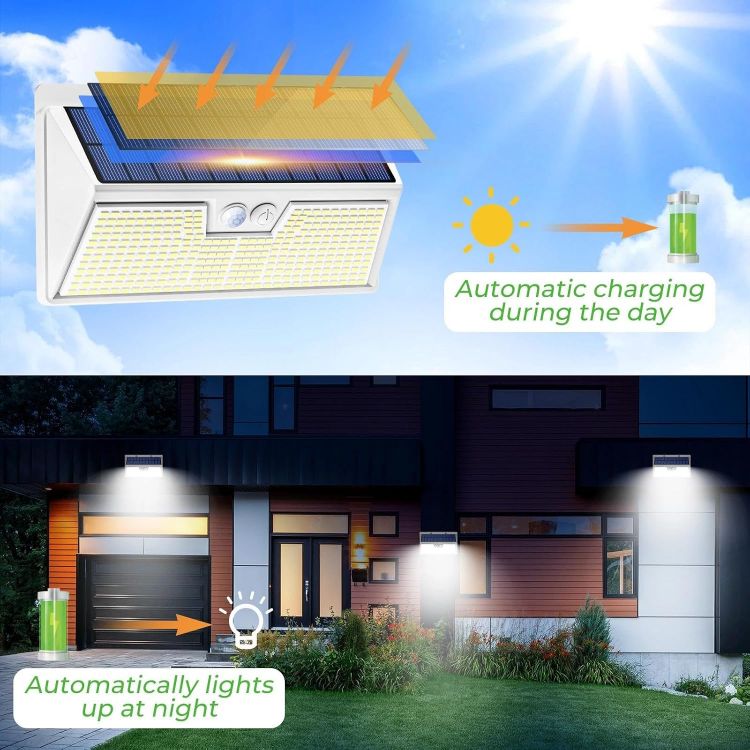 Picture of nipify 318LED Solar Lights Outdoor Garden Motion Sensor, 3 Modes Solar Powered Security Fence Light Waterproof, White Frame Pir Wall Light for Yard Garage Outside Cool White
