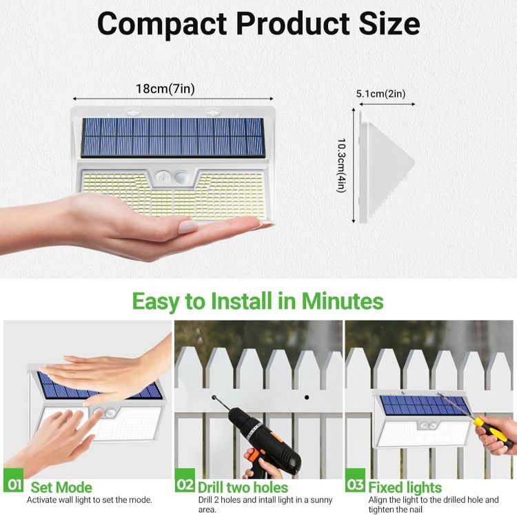 Picture of nipify 318LED Solar Lights Outdoor Garden Motion Sensor, 3 Modes Solar Powered Security Fence Light Waterproof, White Frame Pir Wall Light for Yard Garage Outside Cool White