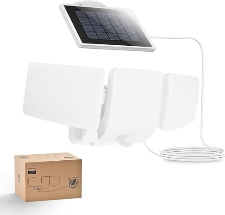 Picture of Philips 3600LM Solar Security Lights, 5000K Waterproof Dimmable LED Motion Sensor Outdoor Lights, 3 Adjustable Heads w/5m Cable, Separate Solar Panel with 3 Modes Solar Flood Lights for Yard, Garage [Energy Class A]