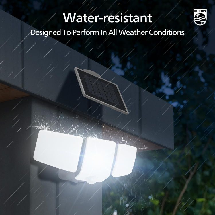 Picture of Philips 3600LM Solar Security Lights, 5000K Waterproof Dimmable LED Motion Sensor Outdoor Lights, 3 Adjustable Heads w/5m Cable, Separate Solar Panel with 3 Modes Solar Flood Lights for Yard, Garage [Energy Class A]