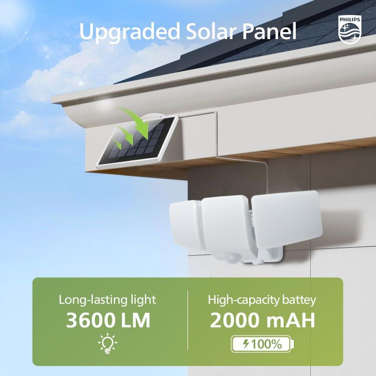 Picture of Philips 3600LM Solar Security Lights, 5000K Waterproof Dimmable LED Motion Sensor Outdoor Lights, 3 Adjustable Heads w/5m Cable, Separate Solar Panel with 3 Modes Solar Flood Lights for Yard, Garage [Energy Class A]
