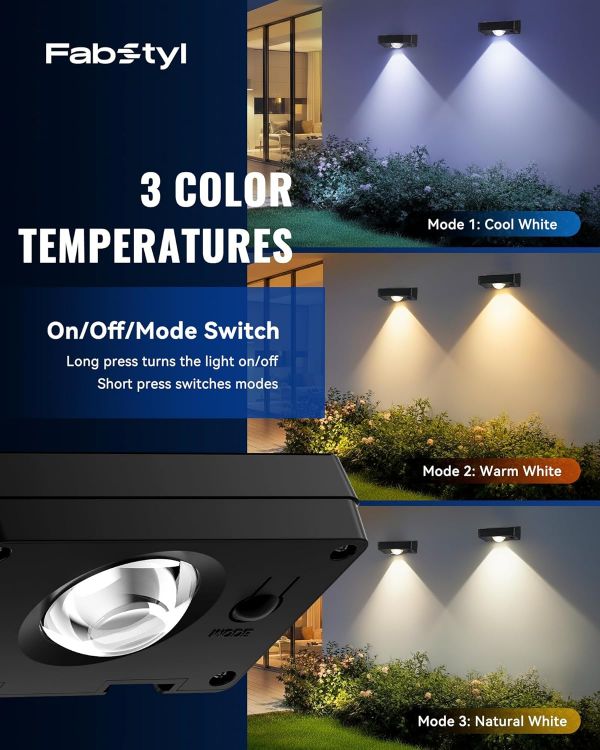 Picture of Solar Fence Lights Outdoor, 3000/4500/6000K 3 Mode, Fence Lights Solar Powered for Outside Backyard, Railing, Step, Patio, Fence Post, Home Improvement Garden Decor，6 Pack [Energy Class A+++]