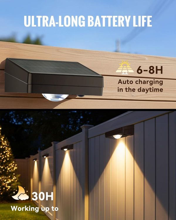 Picture of Solar Fence Lights Outdoor, 3000/4500/6000K 3 Mode, Fence Lights Solar Powered for Outside Backyard, Railing, Step, Patio, Fence Post, Home Improvement Garden Decor，6 Pack [Energy Class A+++]