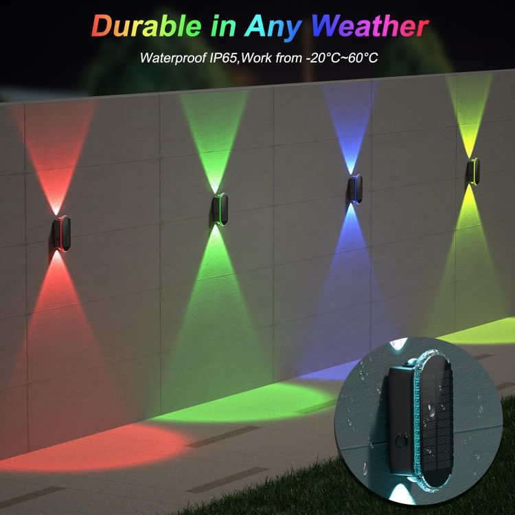 Picture of ELLASAY Solar Fence Lights Outdoor Wall: 4 Pack IP65 Waterproof LED Lights with 7 Colour Modes & Auto Cycle – Up & Down Glow for Garden/Fence/Patio Lighting