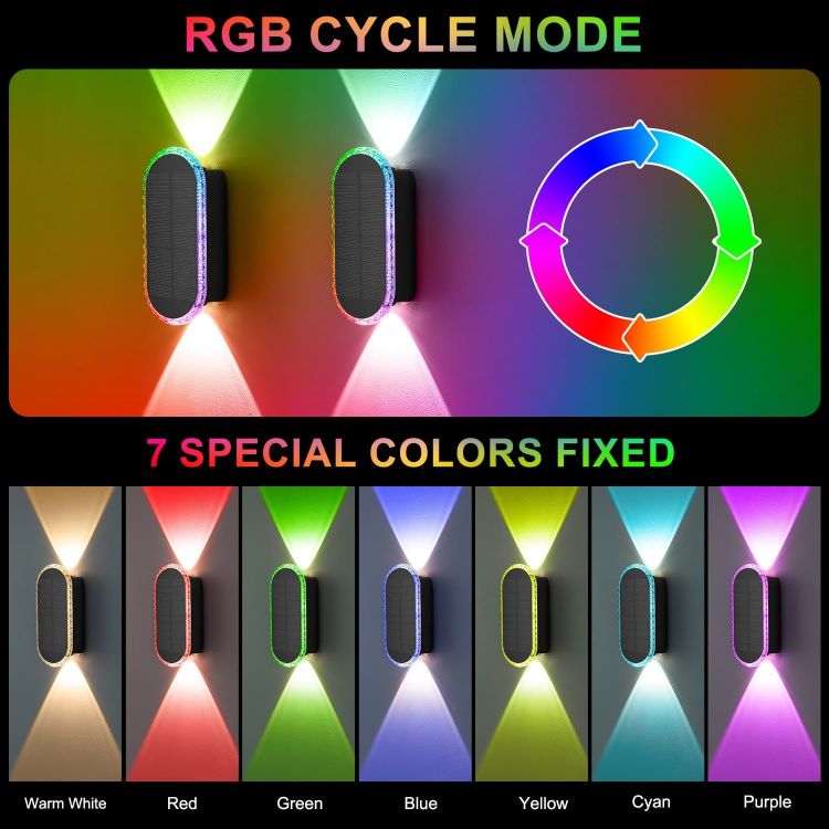 Picture of ELLASAY Solar Fence Lights Outdoor Wall: 4 Pack IP65 Waterproof LED Lights with 7 Colour Modes & Auto Cycle – Up & Down Glow for Garden/Fence/Patio Lighting