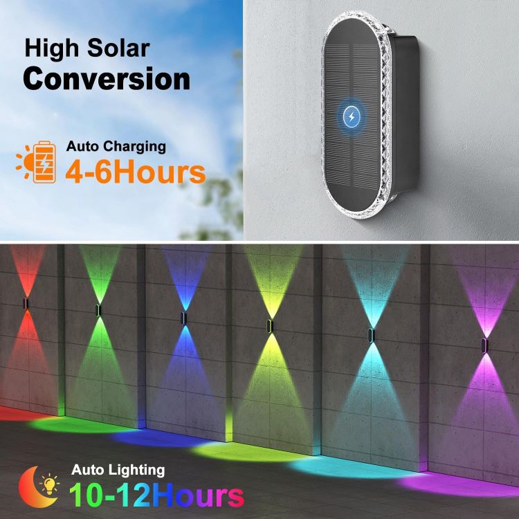 Picture of ELLASAY Solar Fence Lights Outdoor Wall: 4 Pack IP65 Waterproof LED Lights with 7 Colour Modes & Auto Cycle – Up & Down Glow for Garden/Fence/Patio Lighting