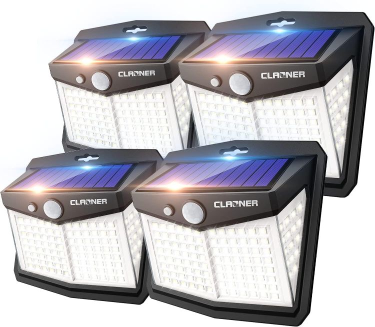 Picture of CLAONER Solar Lights Outdoor, Upgraded Motion Sensor Security Lights with 3 Modes IP65 Waterproof Durable Solar Powered Wall Lights 270° Lighting Angle for Yard Door Fence (4 Pack) [Energy Class A]