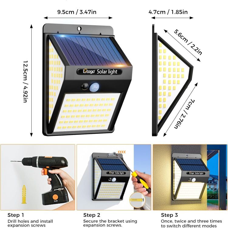 Picture of litogo 140 LED Solar Security Lights Outdoor, Solar Motion Sensor Lights 270ºWide Angle Waterproof Solar Powered Durable Wall Lights Outside 3 Modes for Garden Fence Door Yard Garage Pathway (1 Pack) [Energy Class E]