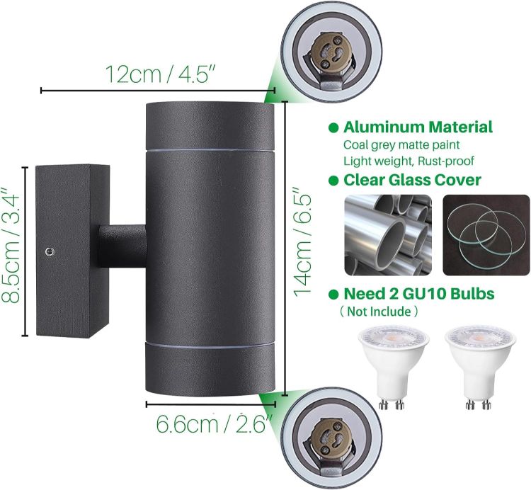 Picture of EBION Outdoor Wall Lights,IP65 Up Down Outside Lights Mains Powered GU10 | Aluminium Black Exterior Wall Lights,Mordern Outdoor Garden Wall Lamp for Front Door Porch Garden Patio,Bulbs Not Included