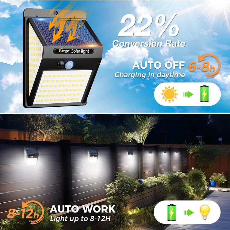 Picture of litogo 140 LED Solar Security Lights Outdoor, Solar Motion Sensor Lights 270ºWide Angle Waterproof Solar Powered Durable Wall Lights Outside 3 Modes for Garden Fence Door Yard Garage Pathway (1 Pack) [Energy Class E]